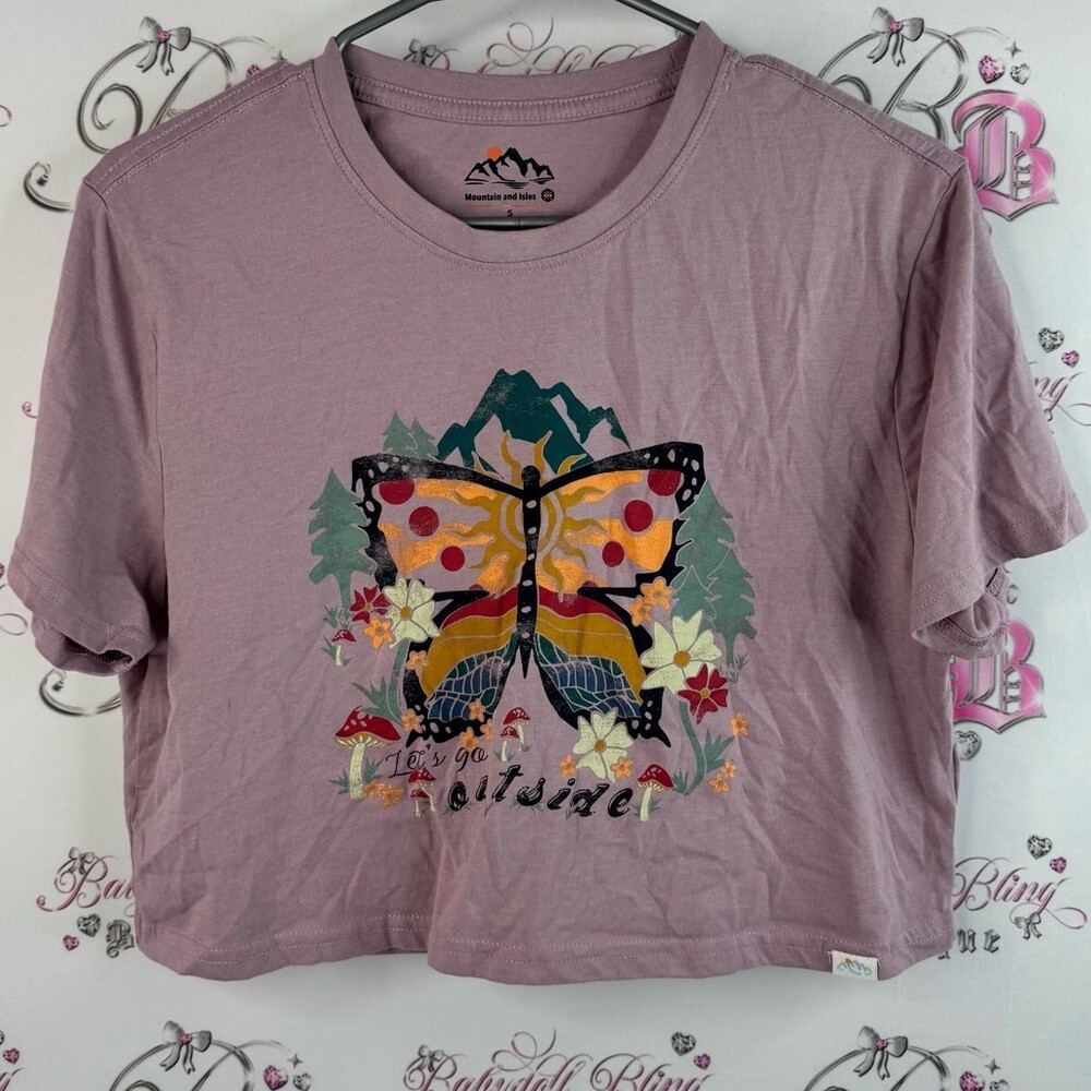Mountain and isles cropped top let’s go outside mushroom Graphic Purple Crop Top